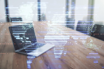 Poster - Abstract creative digital world map on modern computer background, globalization concept. Multiexposure