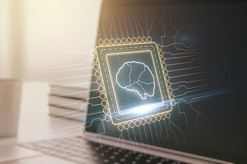Aufkleber - Double exposure of creative artificial Intelligence symbol with modern laptop on background. Neural networks and machine learning concept