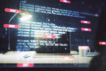 Poster - Abstract creative coding illustration on modern computer background, software development concept. Multiexposure