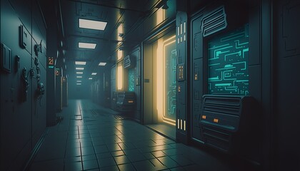  Futuristic cyberpunk long hallway with colored neon lights. Generative AI