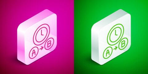 Canvas Print - Isometric line Taxi waiting time icon isolated on pink and green background. Car deadline, schedule ride. Silver square button. Vector