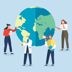 Wall Mural - green technology, environmental care and sustainable development banner with man and woman holding r