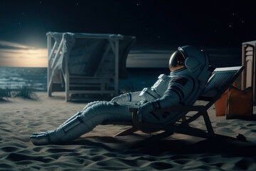 Wall Mural - Astronaut Relaxing in Space: Embark on a Science Fiction Adventure with Lone Explorer in Blue Space Suit Sitting on Moon Rock Chair, Gazing at Planet and Stars Futuristic Technology Illustration