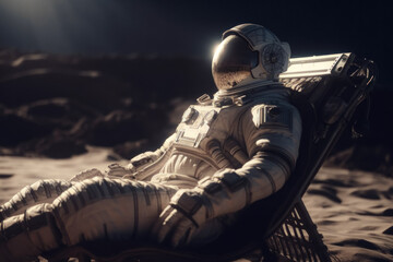 Astronaut Relaxing in Space: Embark on a Science Fiction Adventure with Lone Explorer in Blue Space Suit Sitting on Moon Rock Chair, Gazing at Planet and Stars Futuristic Technology Illustration