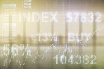 Poster - Multi exposure of virtual creative financial chart hologram on empty modern office background, research and analytics concept