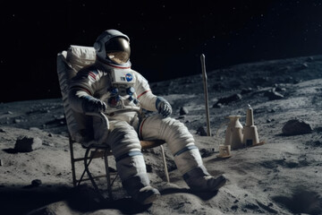 Wall Mural - Astronaut Relaxing in Space: Embark on a Science Fiction Adventure with Lone Explorer in Blue Space Suit Sitting on Moon Rock Chair, Gazing at Planet and Stars Futuristic Technology Illustration