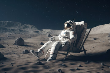 Wall Mural - Astronaut Relaxing in Space: Embark on a Science Fiction Adventure with Lone Explorer in Blue Space Suit Sitting on Moon Rock Chair, Gazing at Planet and Stars Futuristic Technology Illustration