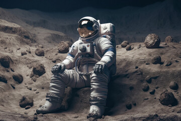 Wall Mural - Astronaut Relaxing in Space: Embark on a Science Fiction Adventure with Lone Explorer in Blue Space Suit Sitting on Moon Rock Chair, Gazing at Planet and Stars Futuristic Technology Illustration