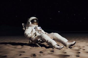 Astronaut Relaxing in Space: Embark on a Science Fiction Adventure with Lone Explorer in Blue Space Suit Sitting on Moon Rock Chair, Gazing at Planet and Stars Futuristic Technology Illustration