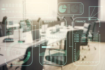 Aufkleber - Multi exposure of abstract statistics data hologram interface on a modern furnished office interior background, computing and analytics concept