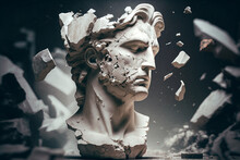 Broken Ancient Greek Statue Head Falling In Pieces. Broken Marble Sculpture, Cracking Bust, Concept Of Depression, Memory Loss, Mentality Loss Or Illness. AI Generated Image.