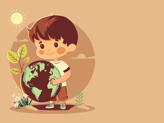 Sticker - Smiley Boy Character Holding Earth Globe On Sun Nature Pastel Orange Background. Save Earth or World Environment Day Concept.