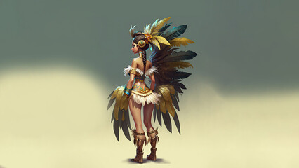 Sticker - 3D Render, Side View of Brazilian Female Samba Dancer Character Posing In Feathered Costume And Copy Space.