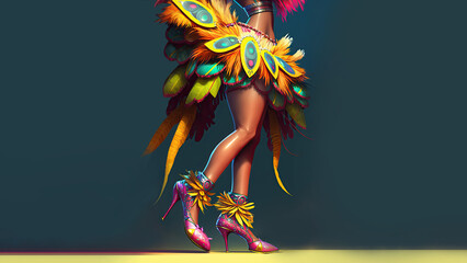 Sticker - 3D Render, Closeup of Female Samba Dancer Legs On Teal And Yellow Background.