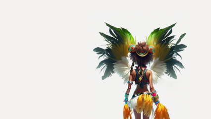 Sticker - 3D Render, Rear View of Brazilian Female Samba Dancer Character In Feather Costume And Copy Space.