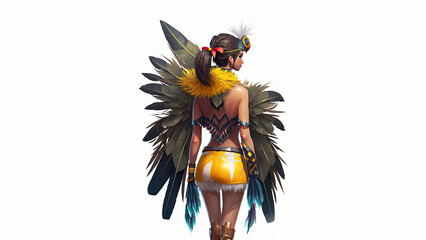 Canvas Print - 3D Render, Rear View of Brazilian Female Samba Dancer Character Posing In Feathered Costume.