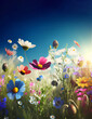 Colorful wild flowers.Spring or summer field. AI generated illustration