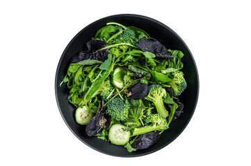 Fresh salad mix of spinach, arugula leaves, chard and lambs lettuce with vegetables. Isolated, transparent background.