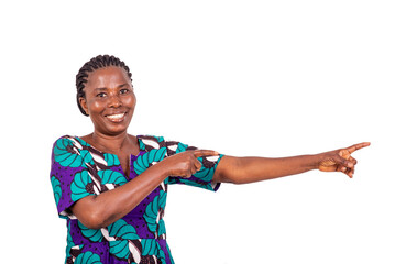 Wall Mural - portrait of a beautiful woman showing a direction, happy.