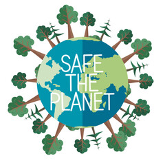 Save our planet earth, ecology eco environmental protection, climate changes, Earth Day April 22, planet with leaves vector emblem. Presentation of nature, health, eco lifestyle with globe and plants