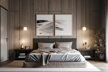 In a grey bedroom with white wood wall paneling, two bedside tables, two unique pendant lights, and a dark bed, there are two paintings. Interior design idea for a contemporary home. Generative AI