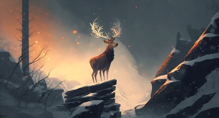 Wall Mural - the deer with its fire horns standing on rocks in winter landscape, digital art style, illustration painting, Generative AI