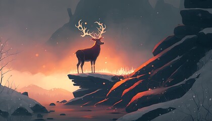 Wall Mural - the deer with its fire horns standing on rocks in winter landscape, digital art style, illustration painting, Generative AI