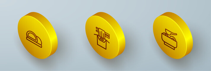 Set Isometric line Sushi, Asian noodles in paper box and Ramen soup bowl icon. Vector