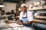 Fototapeta Do przedpokoju - Baker smiling - wearing apron, behind the counter, bread, bakery, happy, generative ai