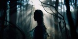 Fototapeta  - Shadow silhouette of a female spirit, paranormal haunting woodlands apparition wearing a white translucent dress, spooky ethereal ghost, lost in limbo - generative AI