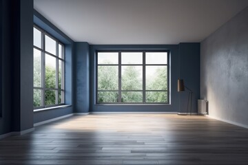 Wall Mural - large window and a blue, vacant room. Generative AI