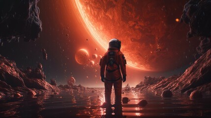 Wall Mural - astronaut in outer space in a alien world, made with generative ai