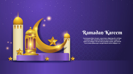 crescent moon and golden lantern on the podium. welcome ramadan kareem and eid mubarak