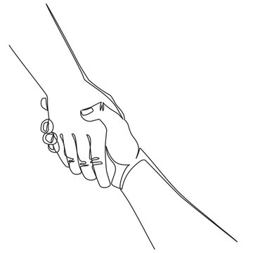 continuous line drawing helping hand concept. gesture, sign of help and hope. two hands taking each 