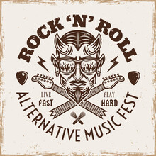 Rock Music Festival Vector Emblem With Devil In Sunglasses That Reflect Flame And Crossed Broken Guitar Necks. Illustration In Vintage Style On Grunge Texture Background