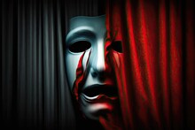 A Dramatic Close-up Shot Of A Theatrical Mask With Red Lips And A Furrowed Brow, Set Against A Dark And Ominous Abstract Background With Red Curtains In The Foreground. Generated By AI.