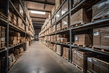  warehouse .cataloging and logistics. Rows of shelves with drawers. generative AI