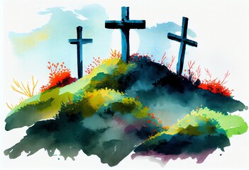 Wall Mural - Watercolor Illustration of a Abstract Art. Colorful Painting Art Of Three Crosses On A Hill. Christian Illustration. Generative AI
