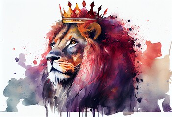 Wall Mural - Watercolor Illustration of a Abstract Painting Concept. Colorful Art Of A Lion With A Crown. Animals. Generative AI