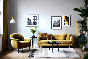 Wall Mural - Modern interior with yellow sofa and armchair.Curtains and table. Generative AI.