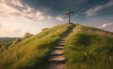 Wall Mural - cross in the green mountains in the morning lights, generative ai