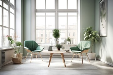 mock up of a living room with two tables and a green chair in a contemporary environment, in a Scandinavian style flat with big windows. Generative AI