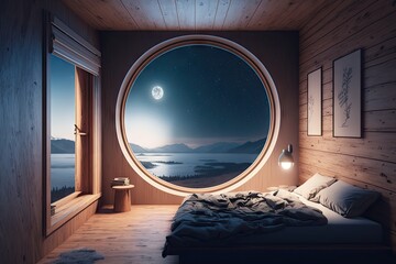 Sticker - bedroom, with view of the night sky and stars, with moon shining through the window, created with generative ai