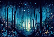 Watercolor Illustration Of A Fantasy Forest At Night, Magic Lights And Fireflies In Fairytale Wood. Generative AI