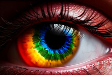 Close Up Of Beautiful And Colorful Eye With The Colors Of LGBT Or Gay Flag. Concept Of Gay Pride, Lgbt Collective Or Gay Right, Generative Ai Image