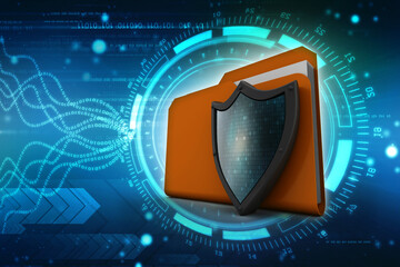 Poster - laptop folder with shield. Isolated 3d rendering image