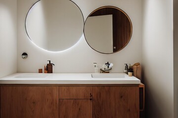 Poster - Bathroom interior design with light wood finish and round mirror on wall., created with generative ai