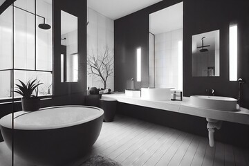 Poster - Luxury decoration of bathroom interior with round bath in white gray tones., created with generative ai