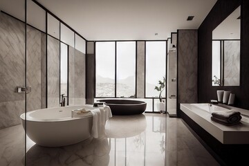 Canvas Print - Luxurious bathroom interior finish with round dark bathtub., created with generative ai