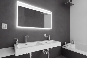 Wall Mural - House with bathroom interior with light grey walls and rectangular mirror lighting., created with generative ai